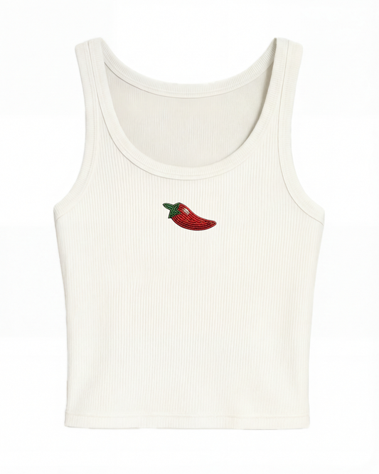Chili Pepper Beaded Rib Tank - White