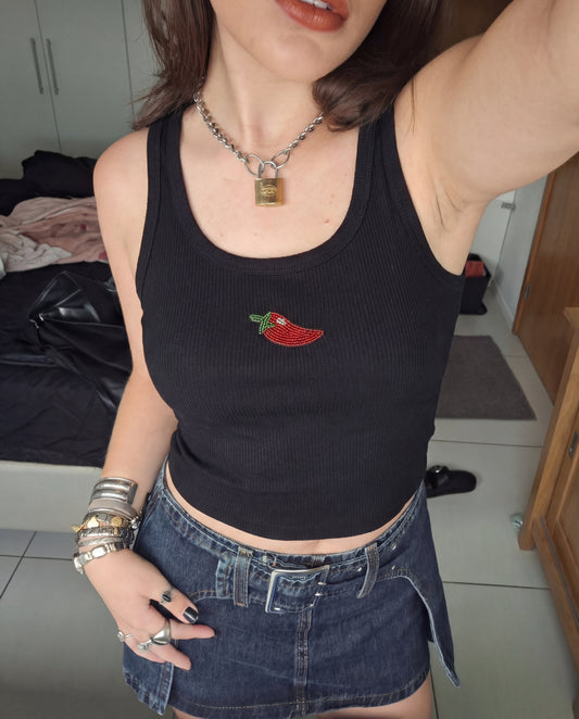 Chili Pepper Beaded Rib Tank - Black