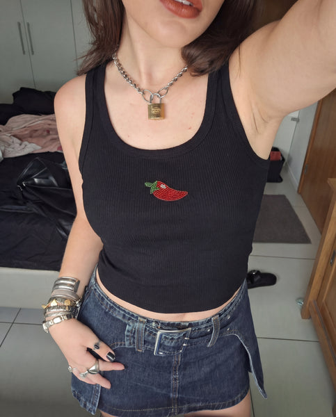 Chili Pepper Beaded Rib Tank - Black