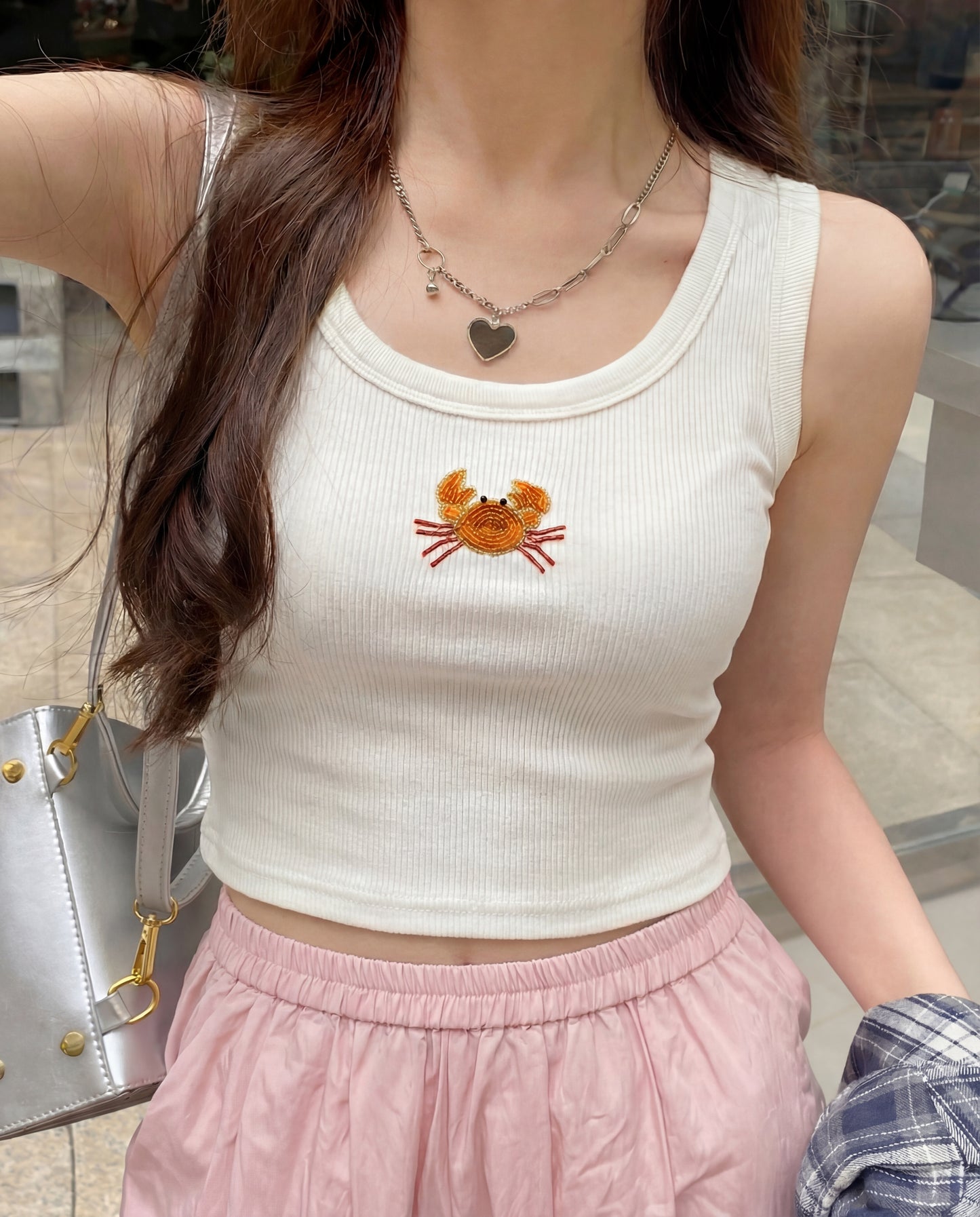 Little Crab Beaded Rib Tank - White