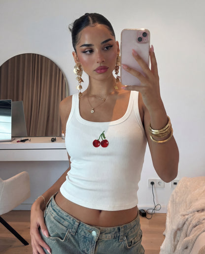 Cherry Core Beaded Rib Tank - White