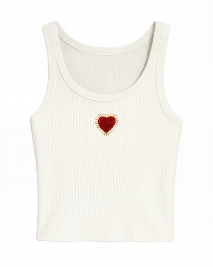 Sacred Heart Beaded Rib Tank - White