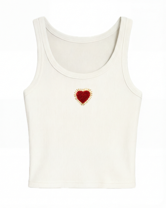 Sacred Heart Beaded Rib Tank - White