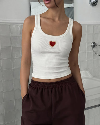Sacred Heart Beaded Rib Tank - White