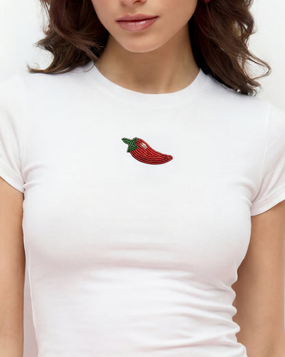 Chili Pepper Beaded Baby Tee - White