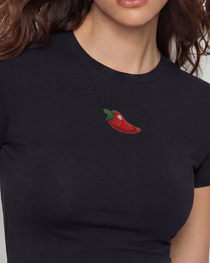 Chili Pepper Beaded Baby Tee - Black