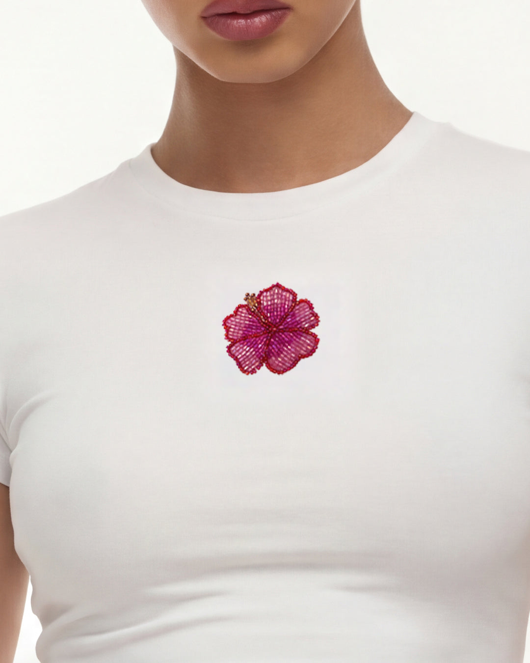 Hibiscus Flower Beaded Baby Tee - White