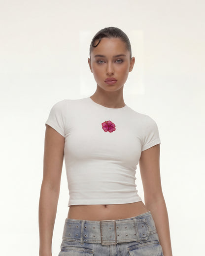 Hibiscus Flower Beaded Baby Tee - White