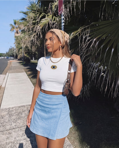 Evil Eye Beaded Baby Tee - White