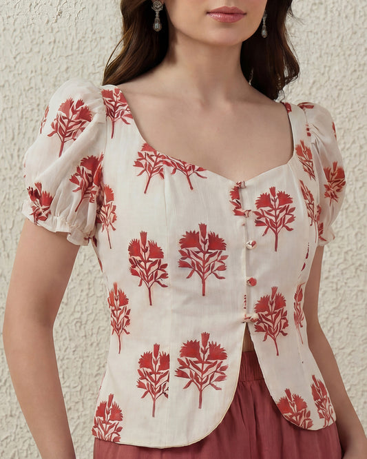 Puff Sleeve Button Down Floral Top - Off White