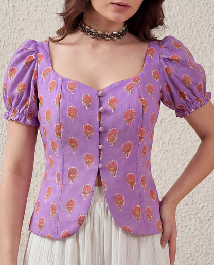 Puff Sleeve Button Down Floral Top - lilac