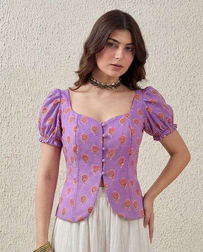 Puff Sleeve Button Down Floral Top - lilac