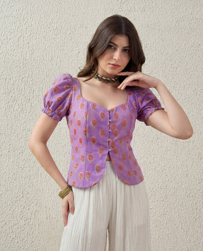 Puff Sleeve Button Down Floral Top - lilac