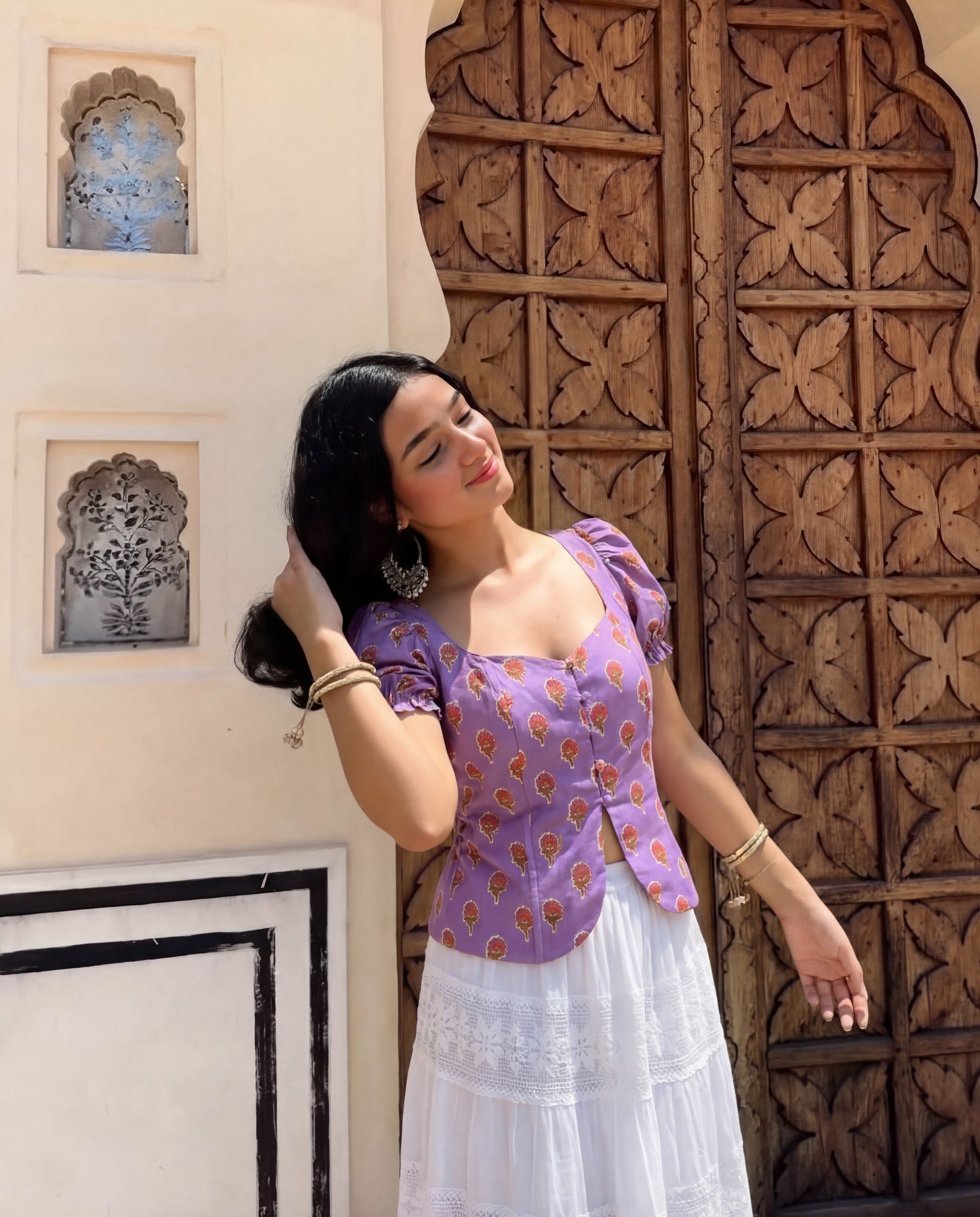 Puff Sleeve Button Down Floral Top - lilac