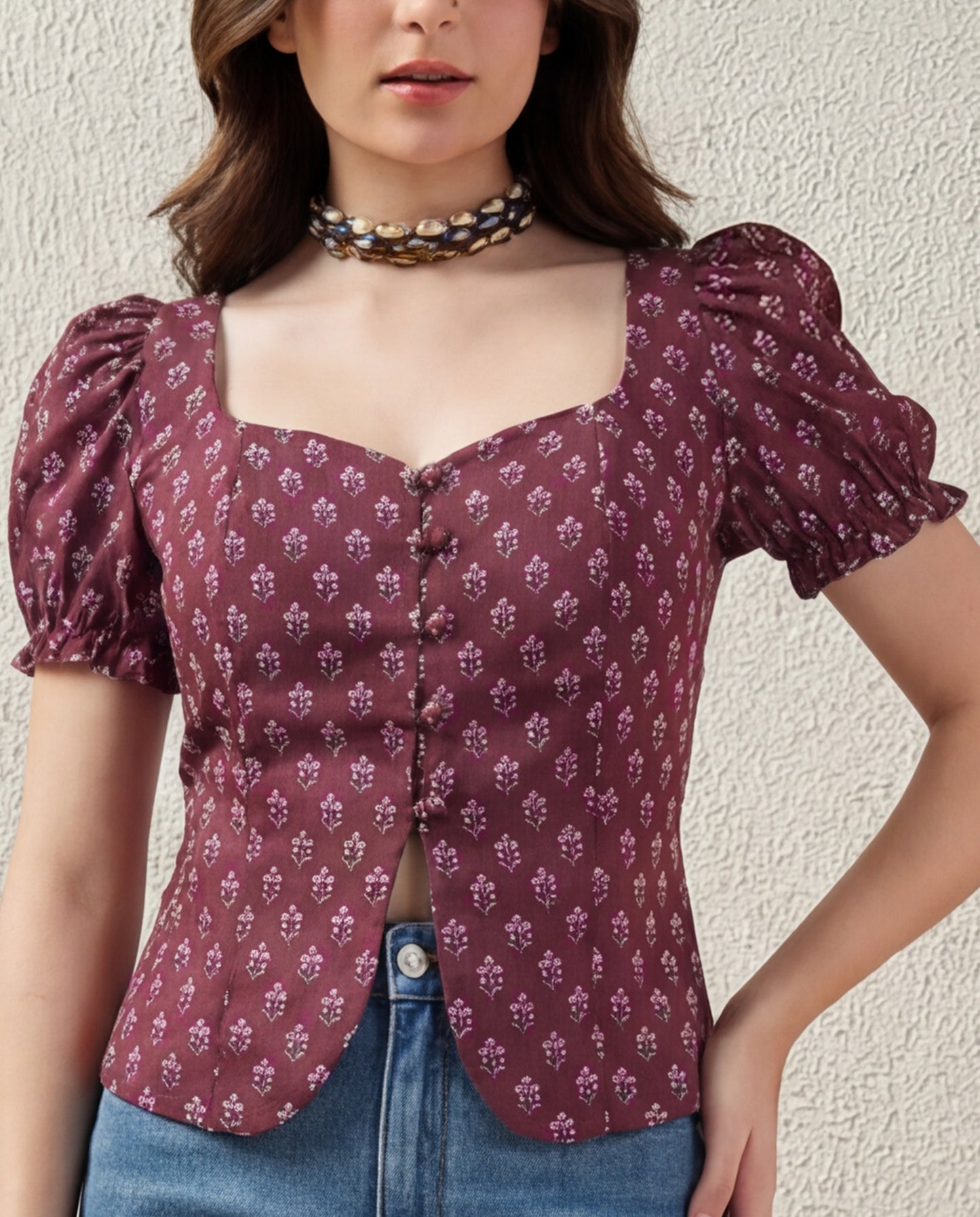 Puff Sleeve Button Down Floral Top - Wine