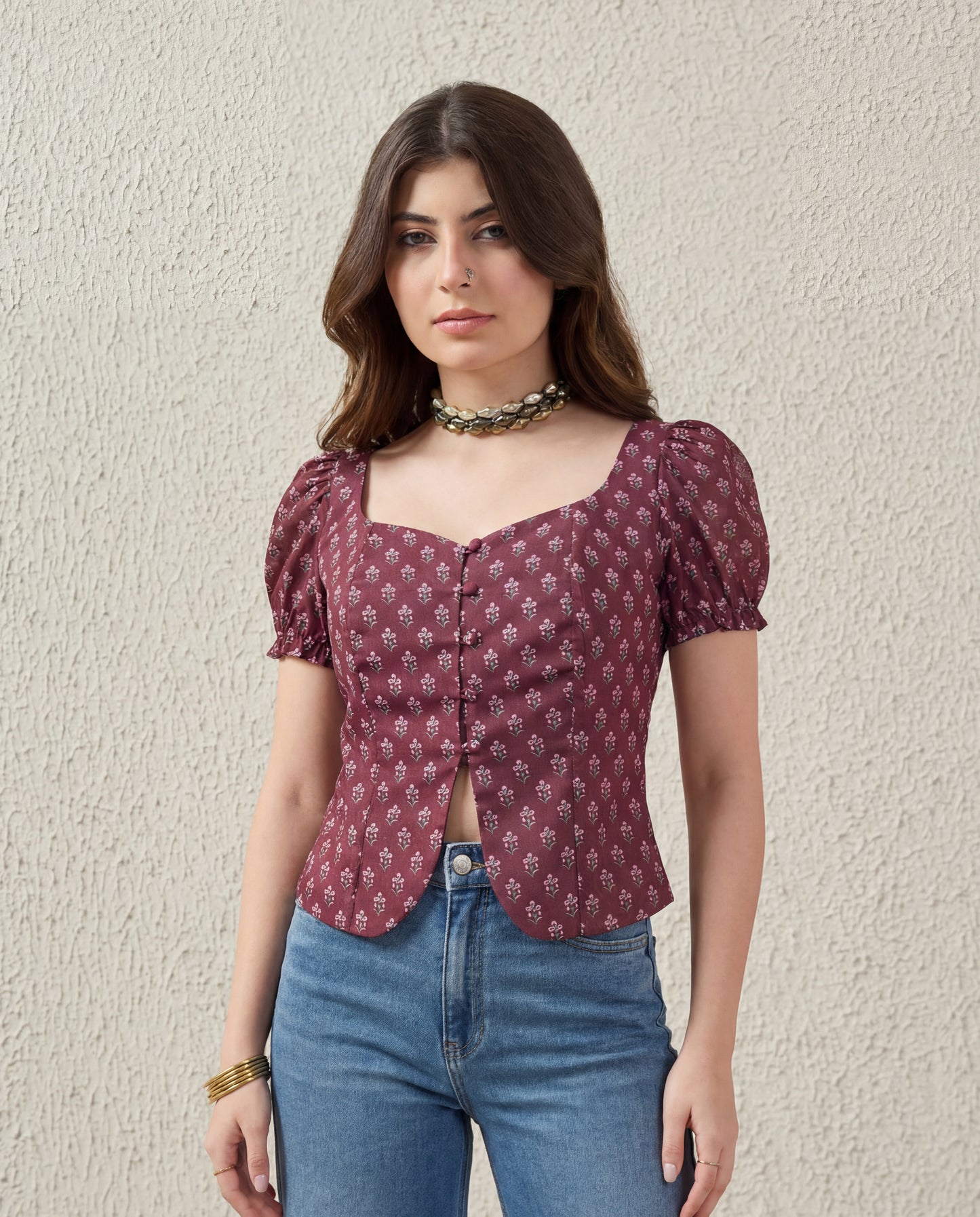 Puff Sleeve Button Down Floral Top - Wine
