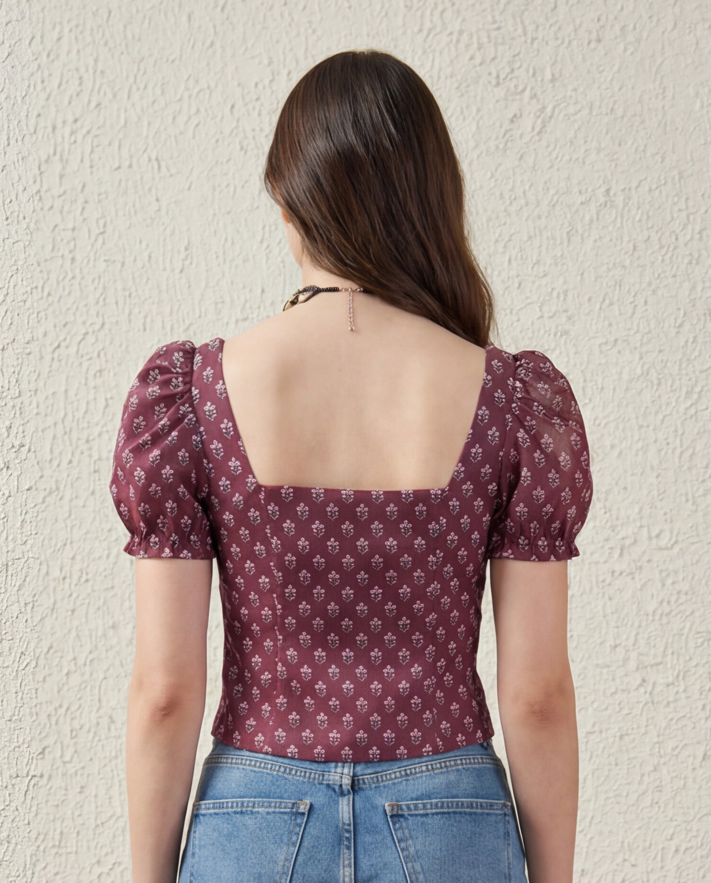 Puff Sleeve Button Down Floral Top - Wine