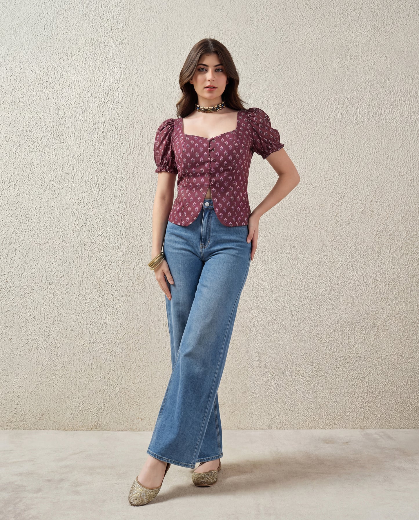 Puff Sleeve Button Down Floral Top - Wine