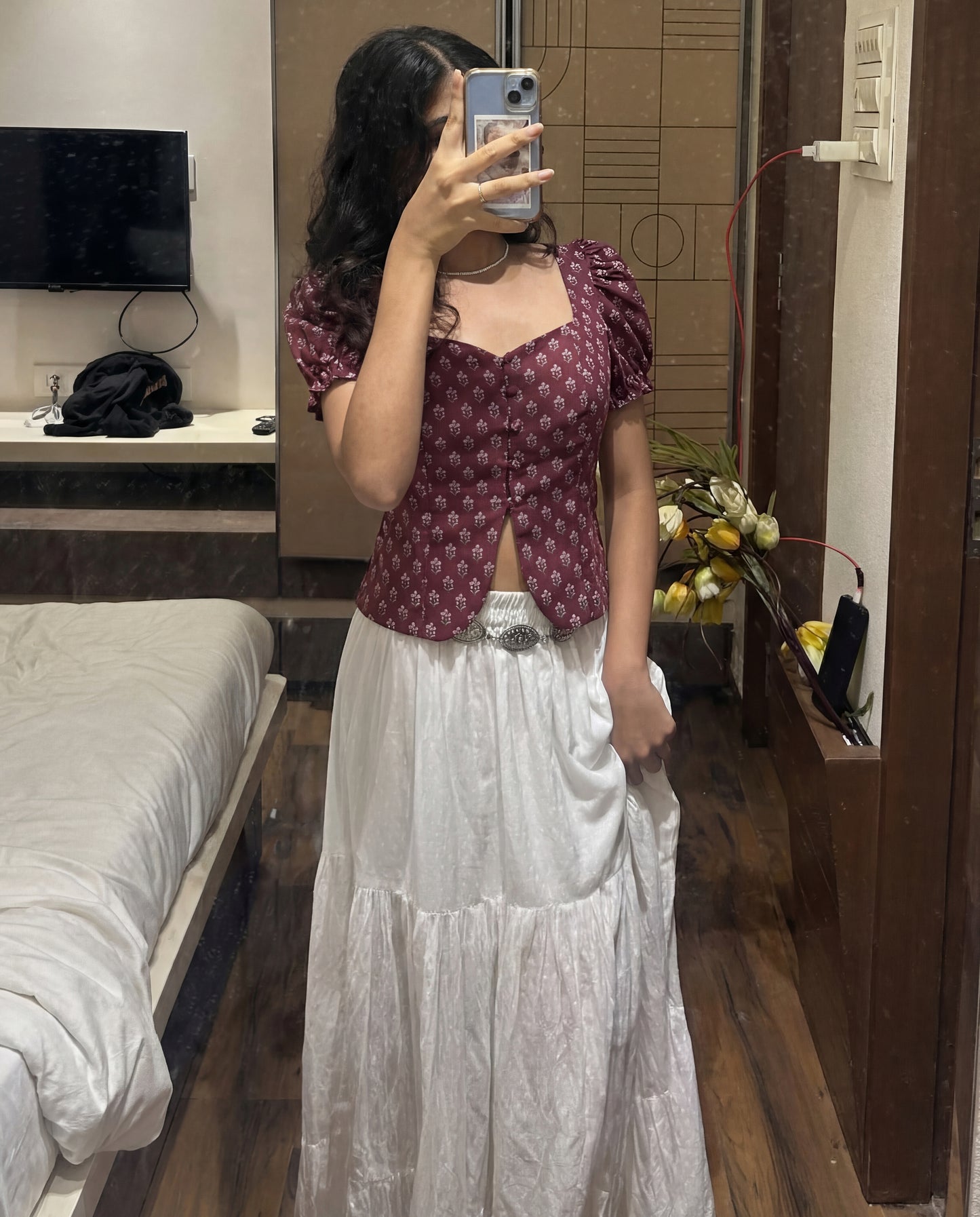 Puff Sleeve Button Down Floral Top - Wine