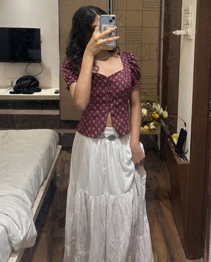 Puff Sleeve Button Down Floral Top - Wine