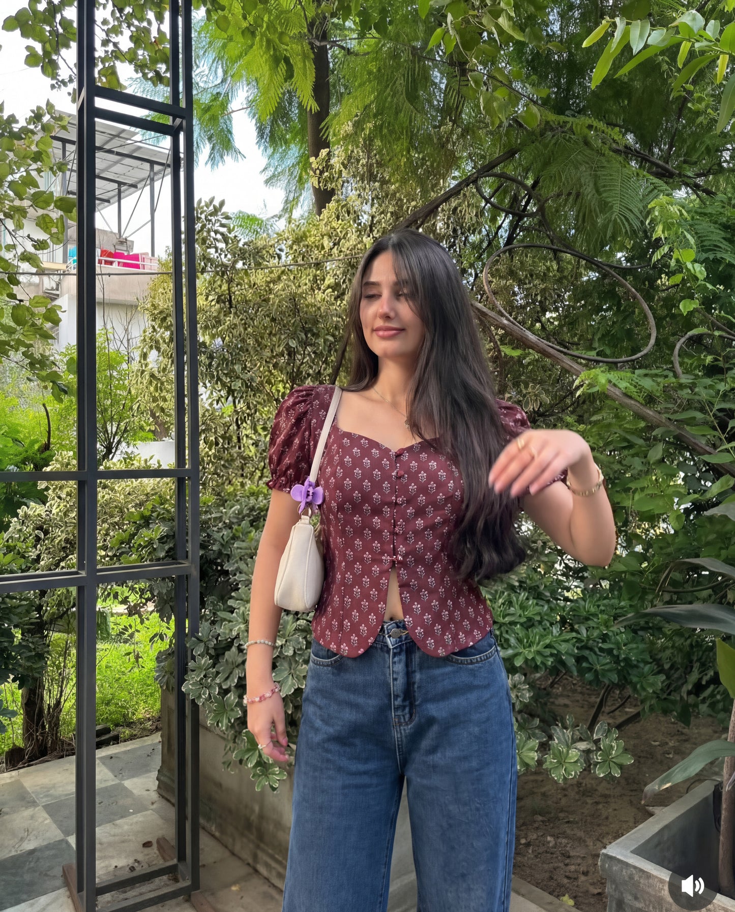 Puff Sleeve Button Down Floral Top - Wine