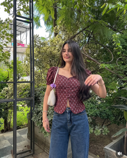 Puff Sleeve Button Down Floral Top - Wine