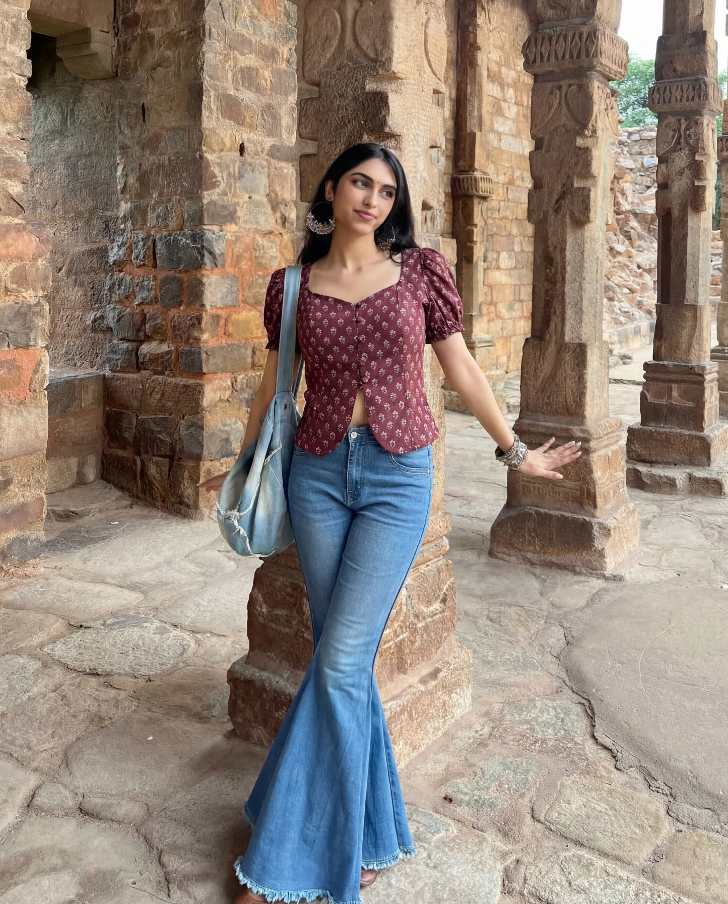 Puff Sleeve Button Down Floral Top - Wine