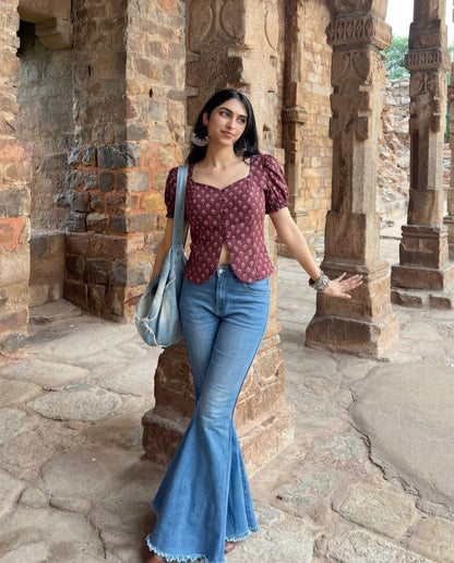 Puff Sleeve Button Down Floral Top - Wine