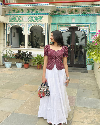 Puff Sleeve Button Down Floral Top - Wine