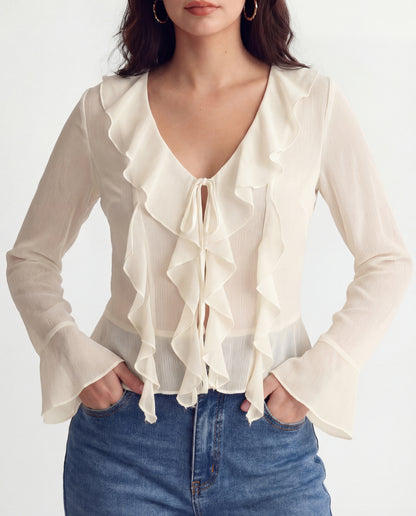 Ruffled Tie Front Flared Sleeve Top - Ivory