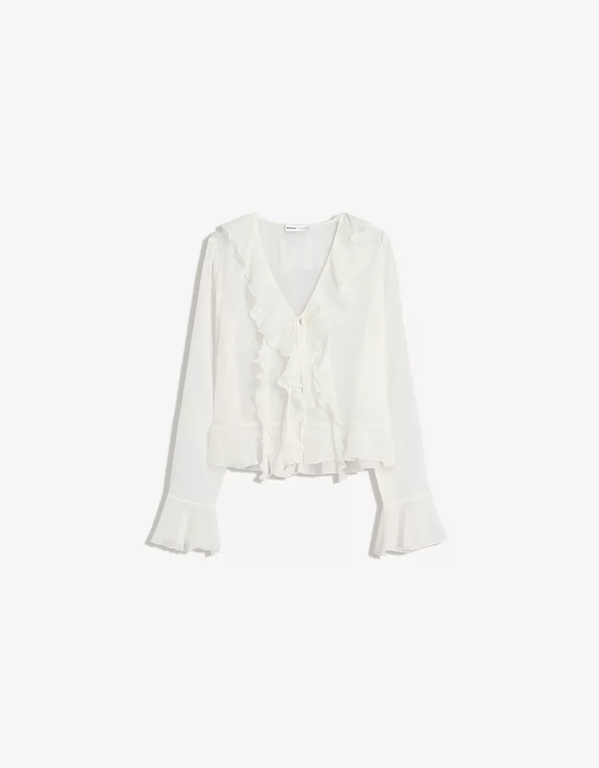 Ruffled Tie Front Flared Sleeve Top - Ivory