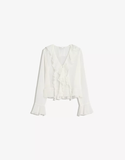 Ruffled Tie Front Flared Sleeve Top - Ivory
