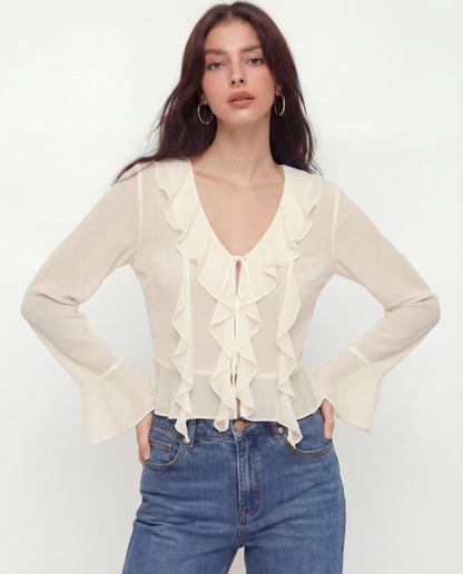 Ruffled Tie Front Flared Sleeve Top - Ivory