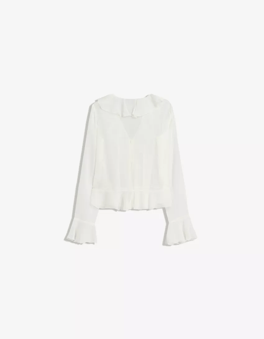 Ruffled Tie Front Flared Sleeve Top - Ivory