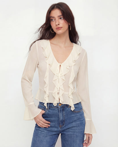 Ruffled Tie Front Flared Sleeve Top - Ivory