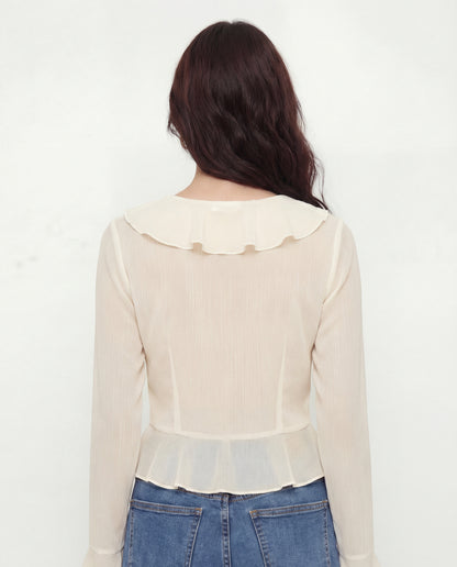 Ruffled Tie Front Flared Sleeve Top - Ivory