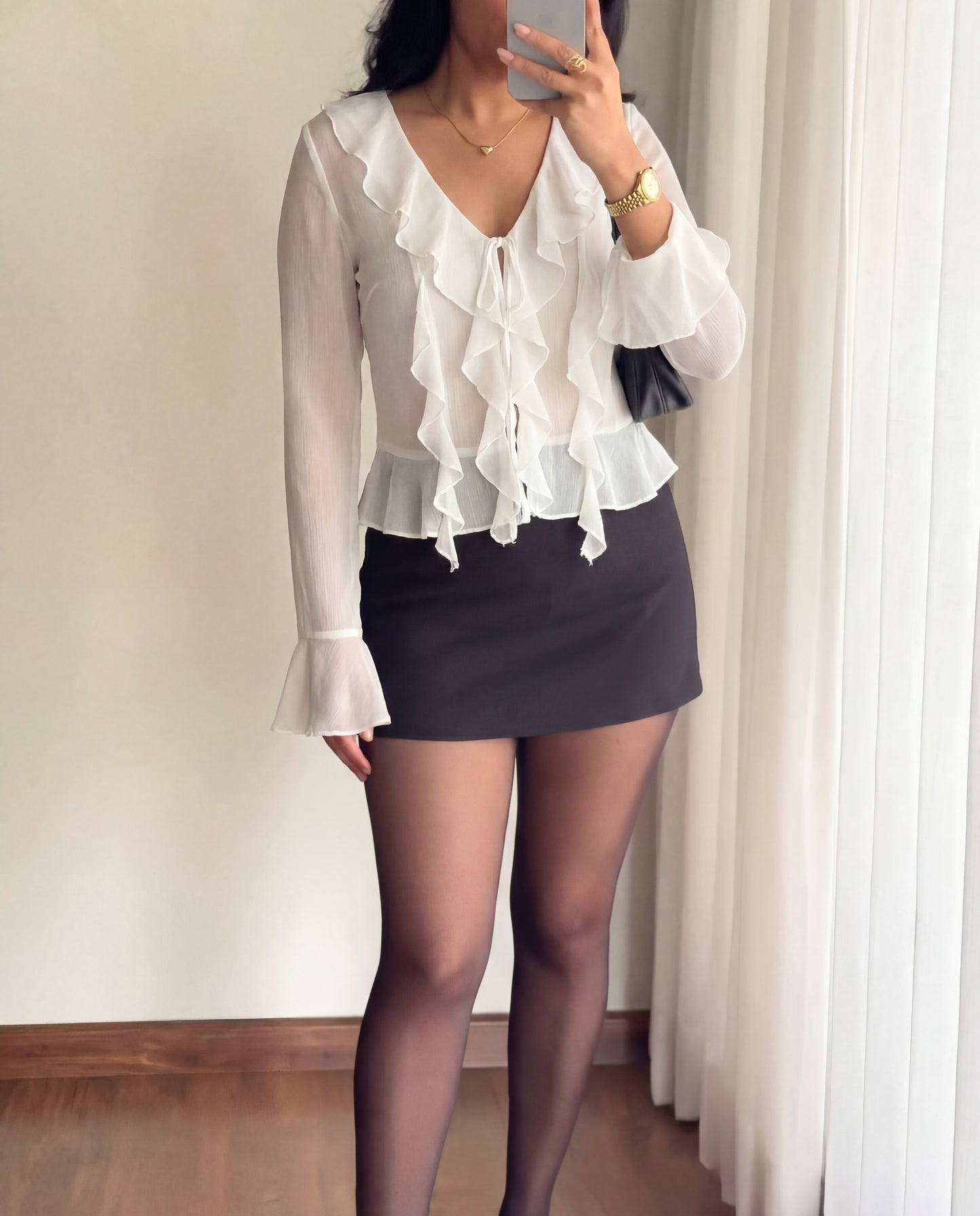 Ruffled Tie Front Flared Sleeve Top - Ivory