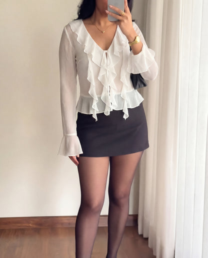 Ruffled Tie Front Flared Sleeve Top - Ivory