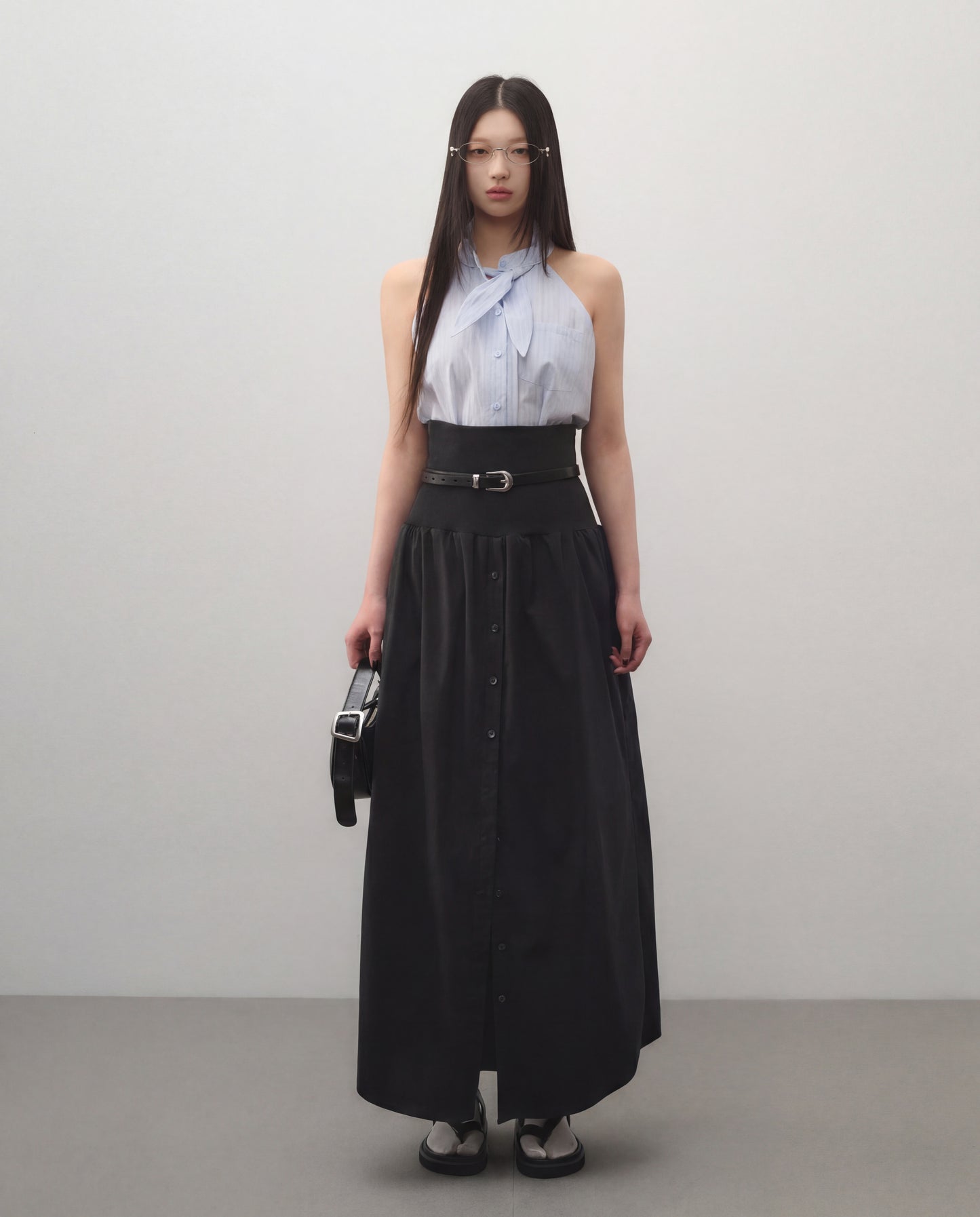 Wide Band Pleated Button Down Belted Skirt - Black