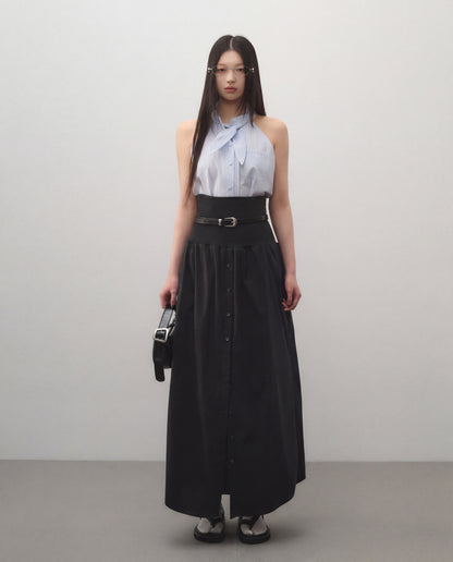 Wide Band Pleated Button Down Belted Skirt - Black