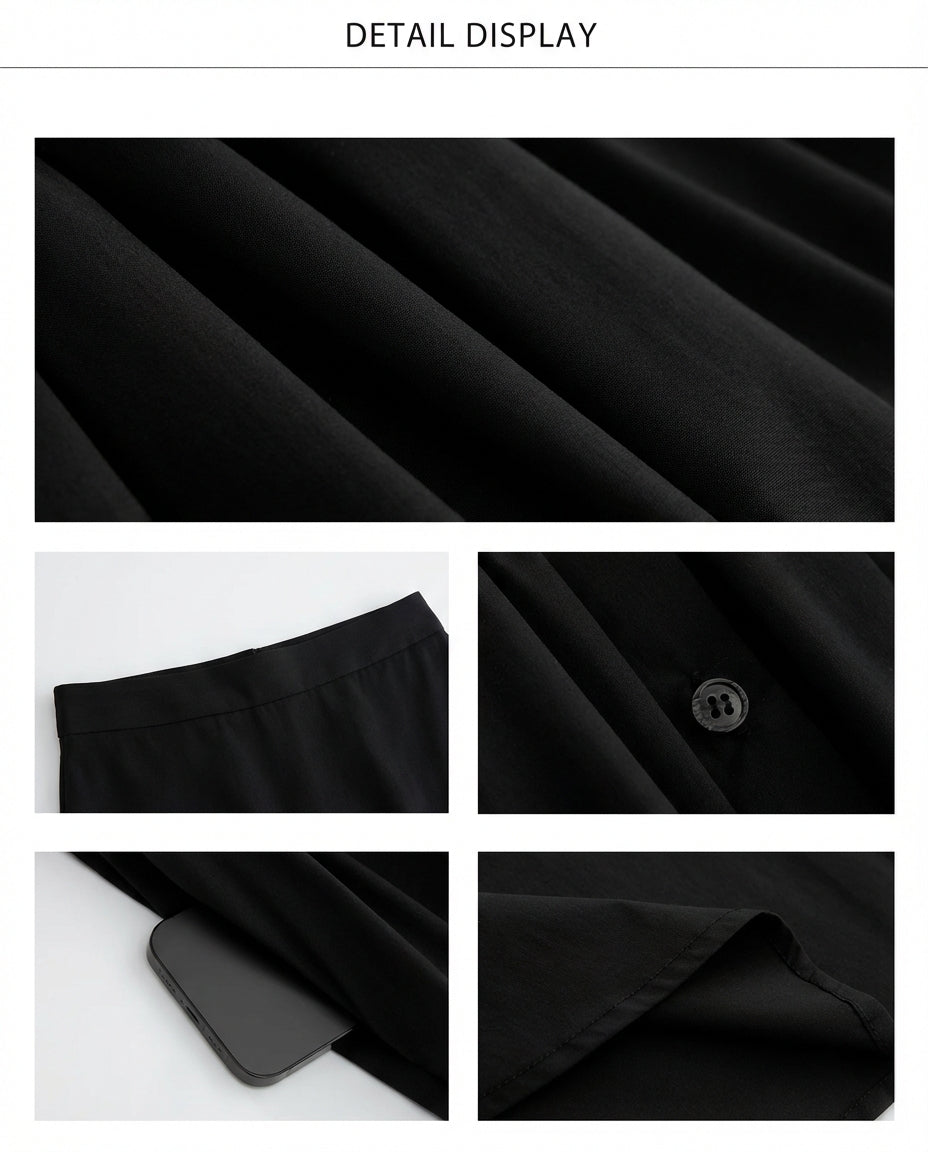 Wide Band Pleated Button Down Belted Skirt - Black