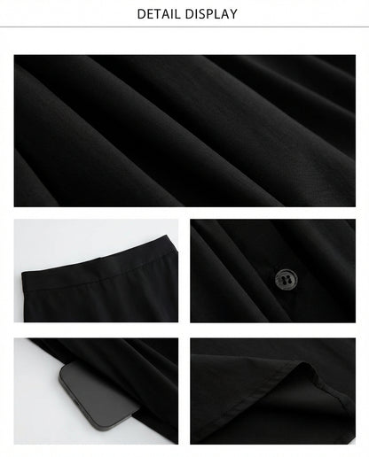 Wide Band Pleated Button Down Belted Skirt - Black