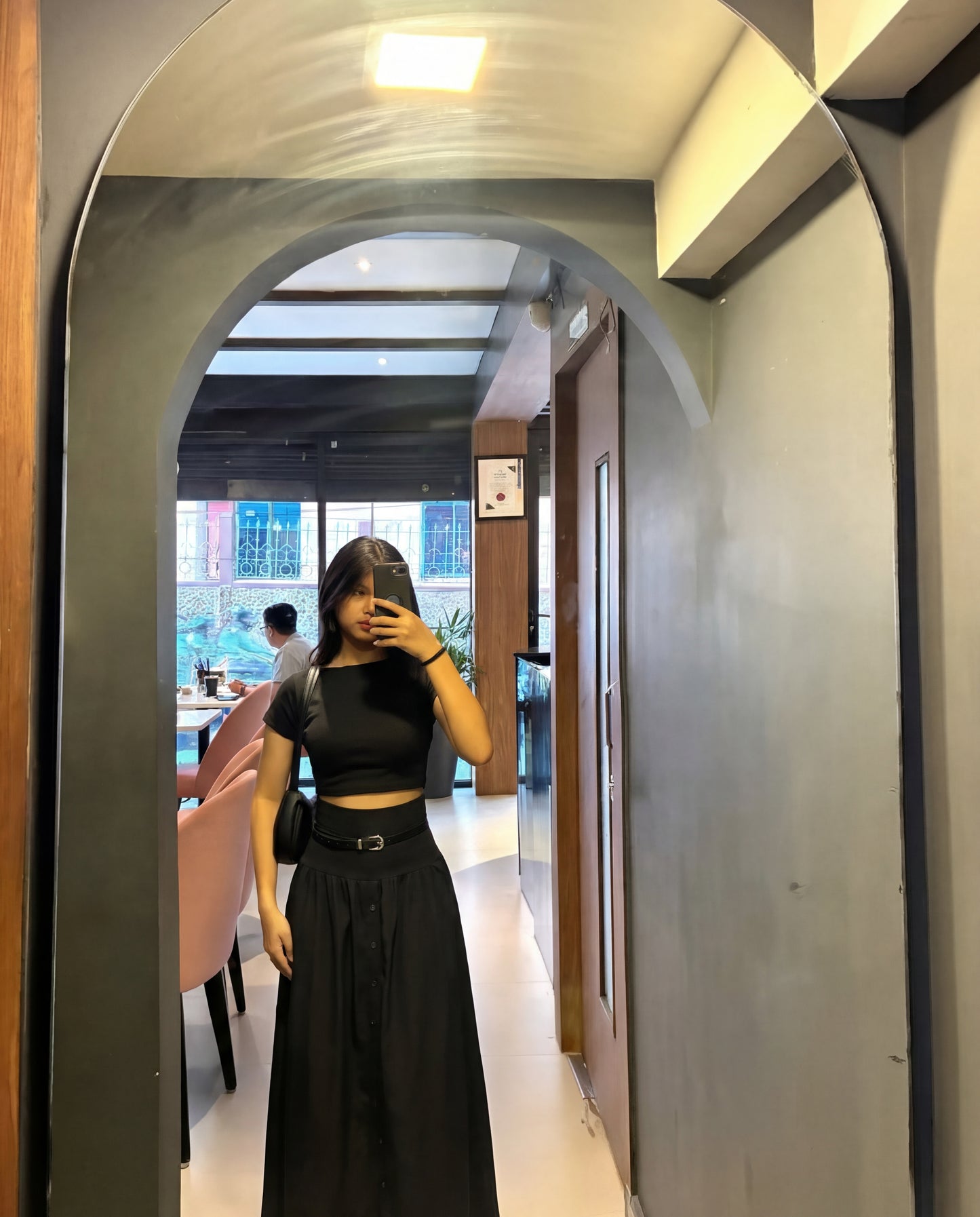 Wide Band Pleated Button Down Belted Skirt - Black