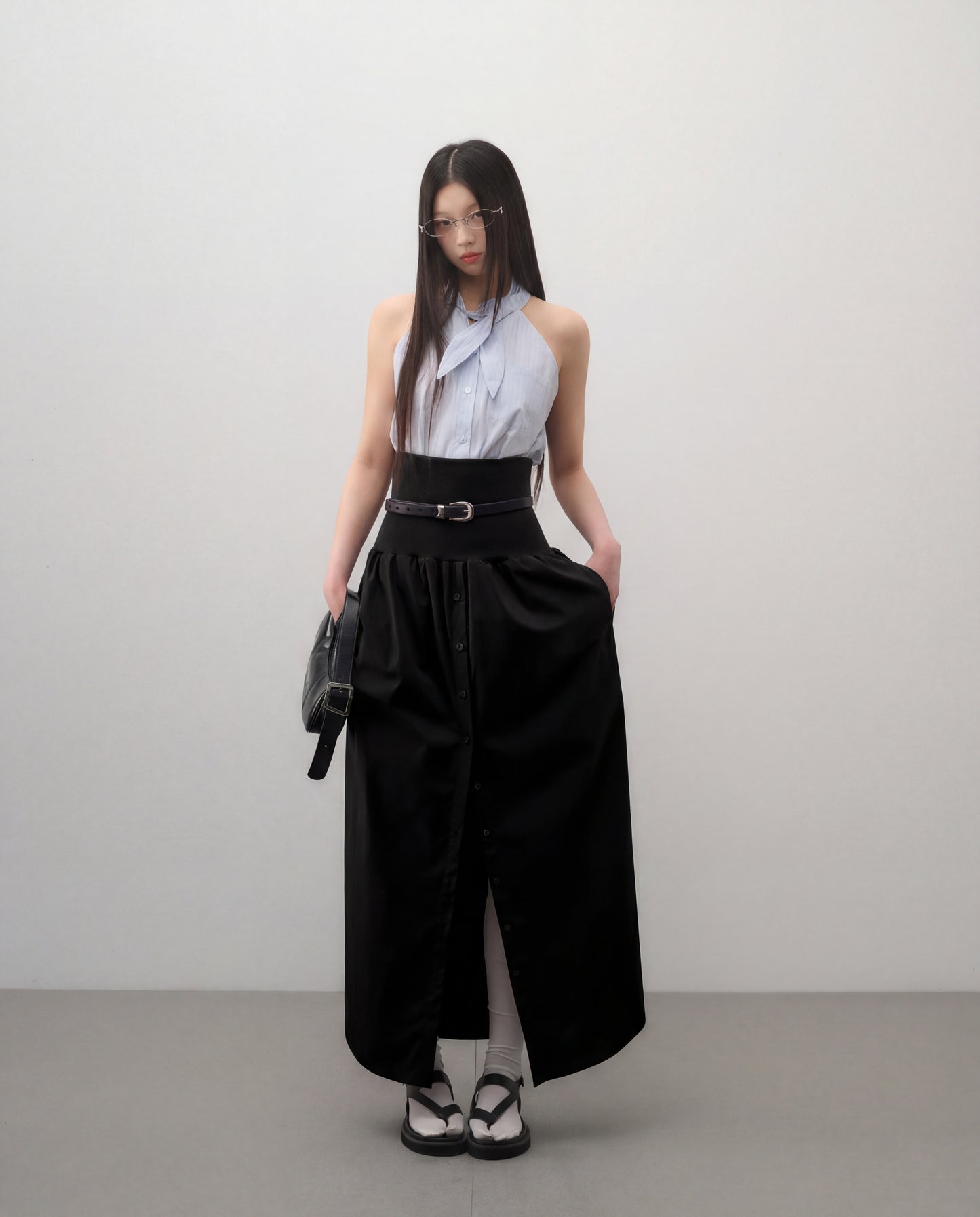 Wide Band Pleated Button Down Belted Skirt - Black