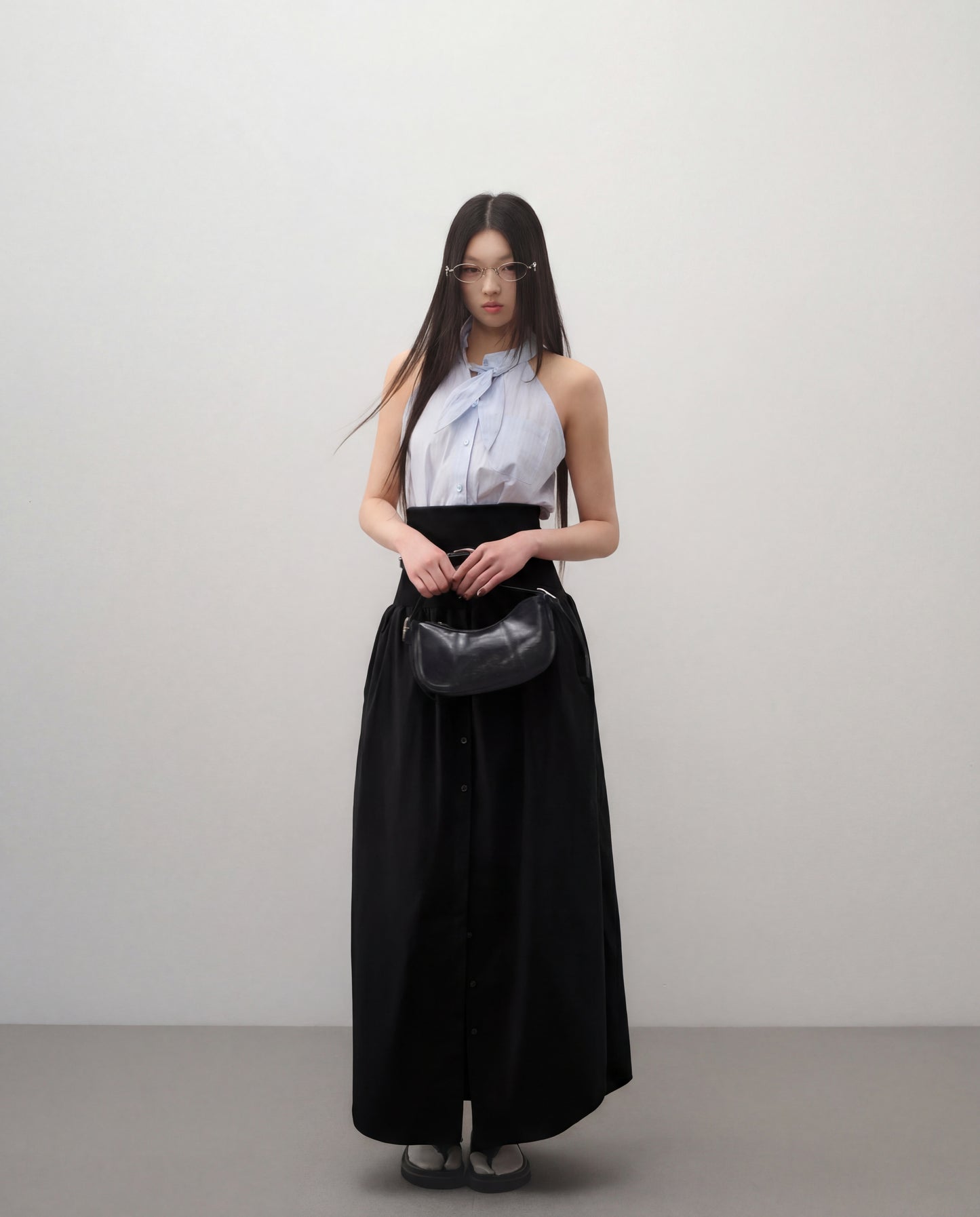 Wide Band Pleated Button Down Belted Skirt - Black