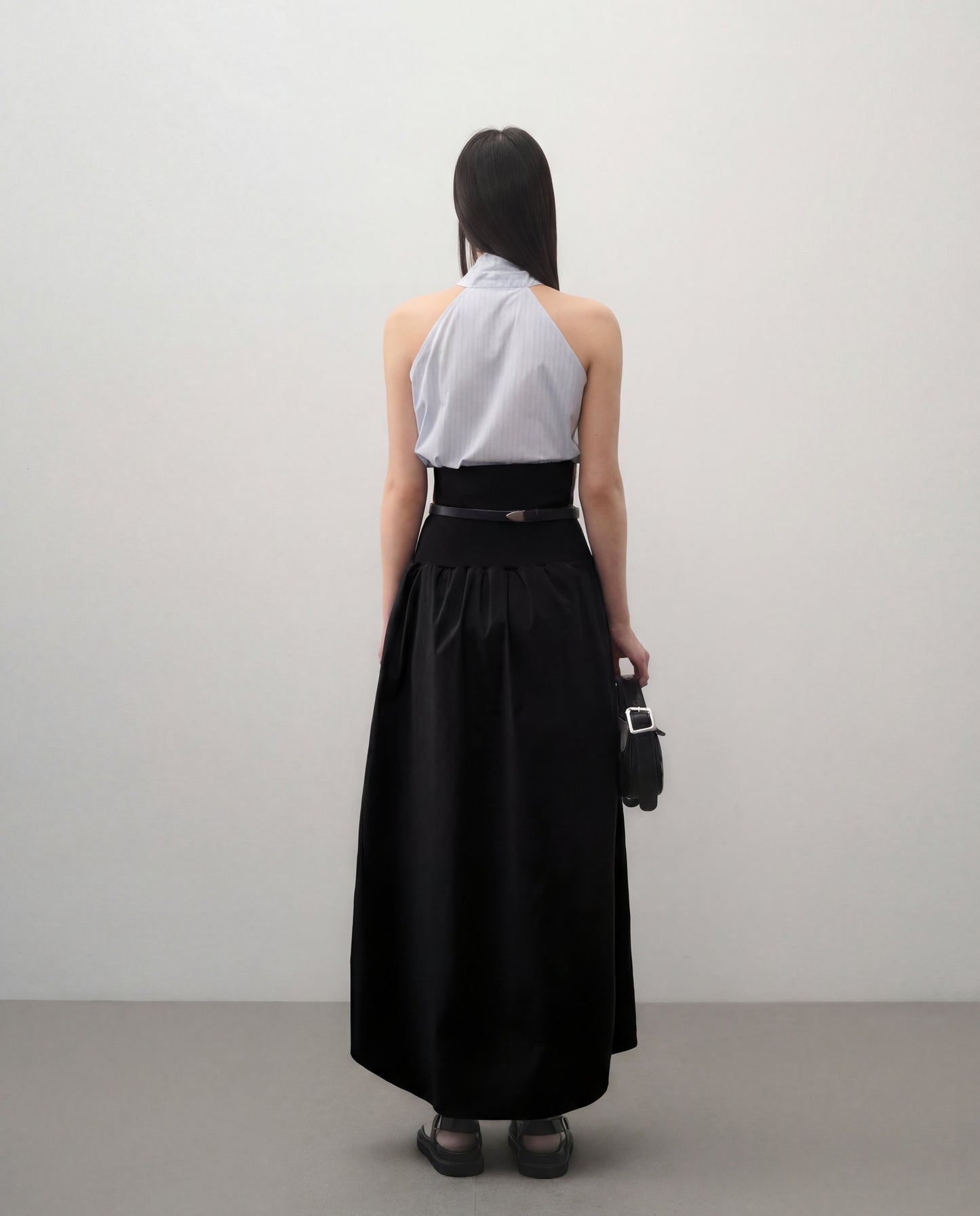 Wide Band Pleated Button Down Belted Skirt - Black