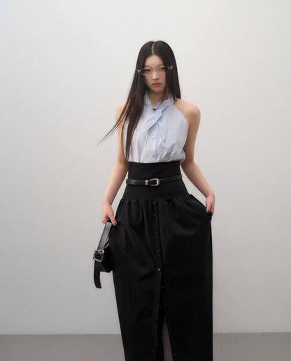 Wide Band Pleated Button Down Belted Skirt - Black