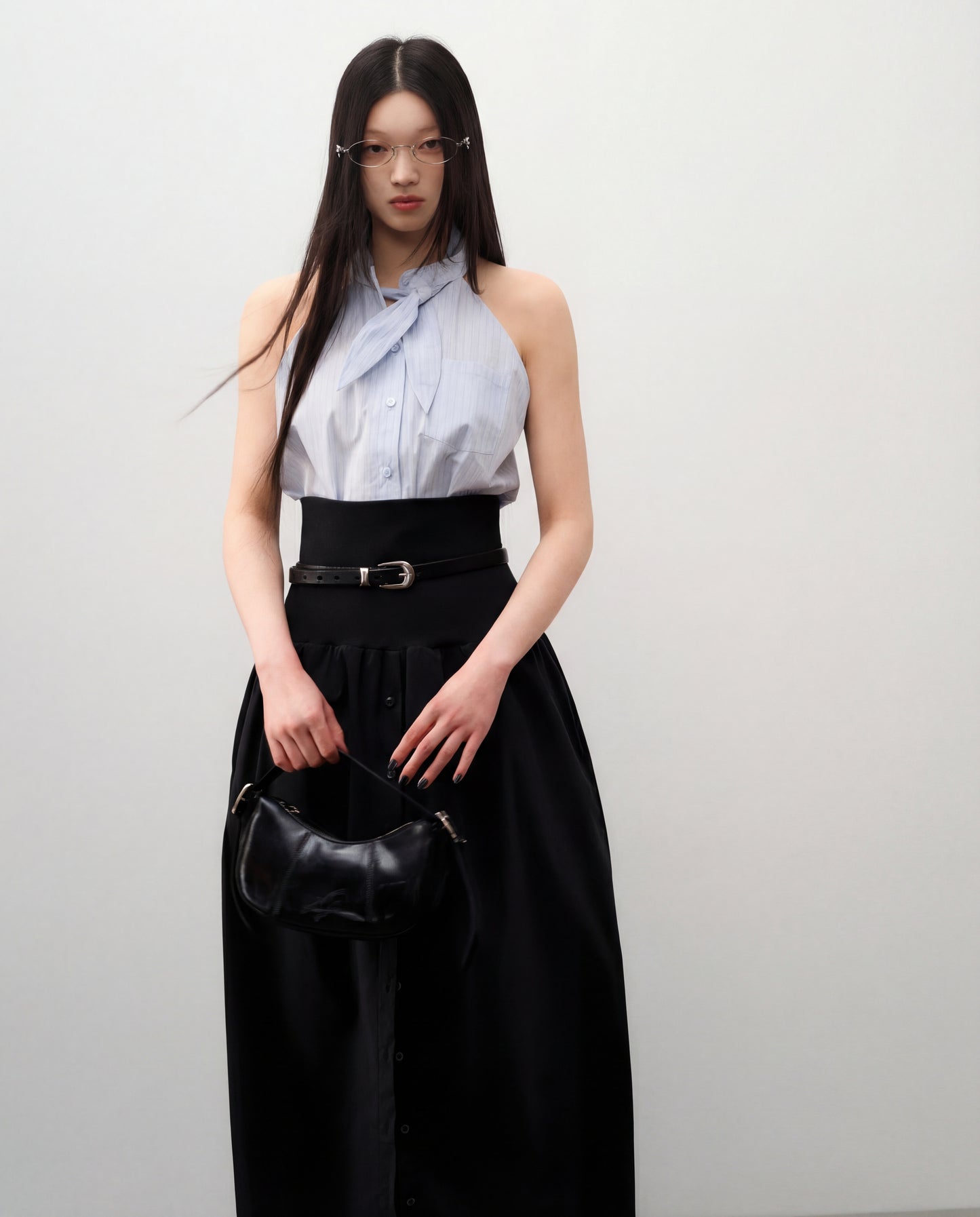 Wide Band Pleated Button Down Belted Skirt - Black