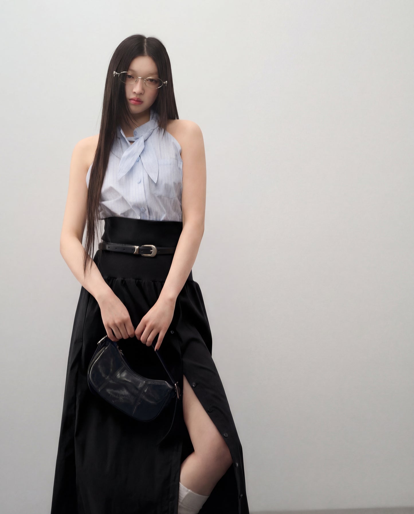 Wide Band Pleated Button Down Belted Skirt - Black