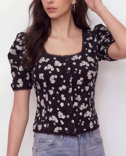 Black Florals Lace-Trim Fitted Button-Up Top